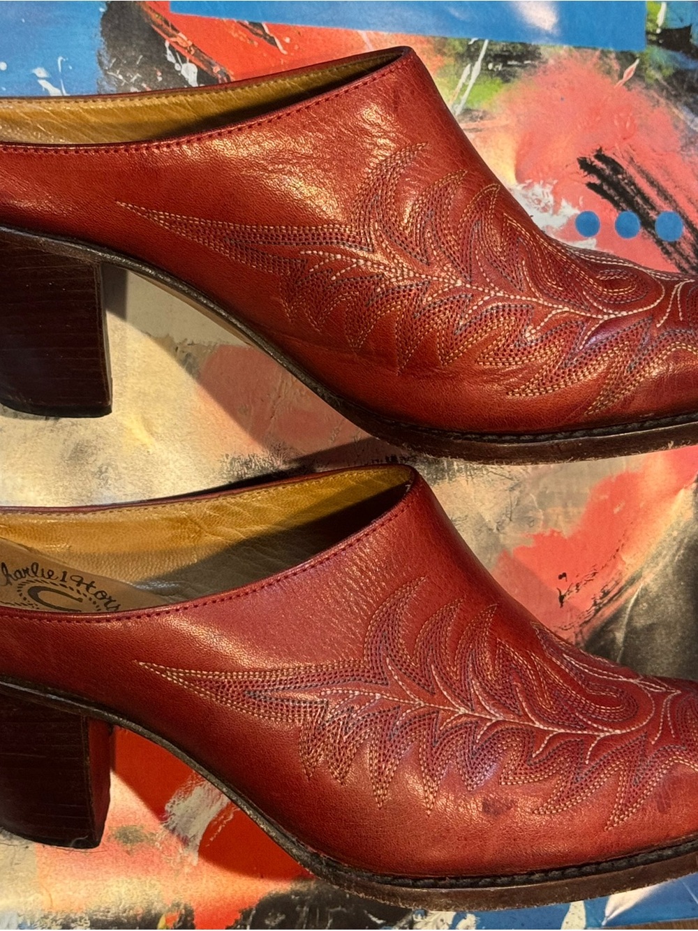 Lucchese Charlie 1 Horse Red Snip Toe Western Heeled Mules Size 7